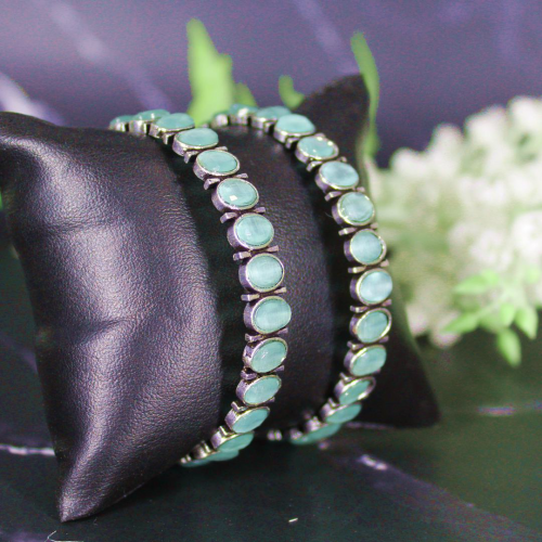 Oxidized Silver Jewellery Bangle Set with Firozi/ Light Green Kundan Stone for Girls and Women