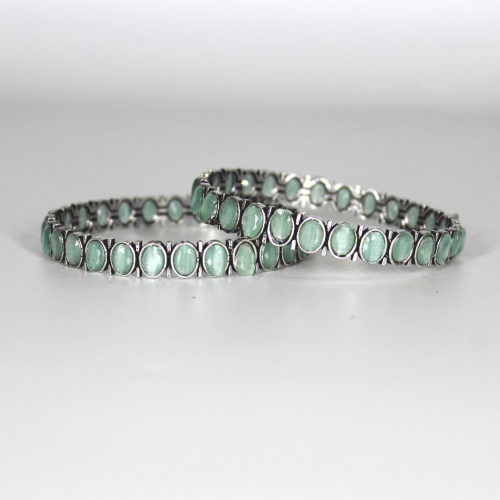 Oxidized Silver Jewellery Bangle Set with Firozi/ Light Green Kundan Stone for Girls and Women