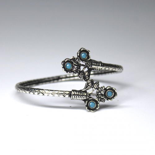 Oxidized Silver Traditional Kada Bangle with Flower Design and Blue Beads in the Middle For Women and Girls