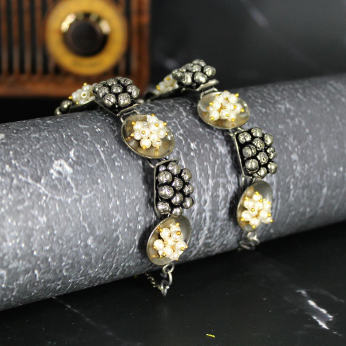 Oxidized Silver Ghungru Bracelet with Gold and Moti Design For Women and Girls