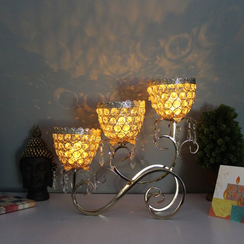 3 Arms Gold Candle Holder with Hanging Diamond Drops Holder